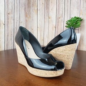 New Via Spiga Black Stam Peep Toe Wedge Pum